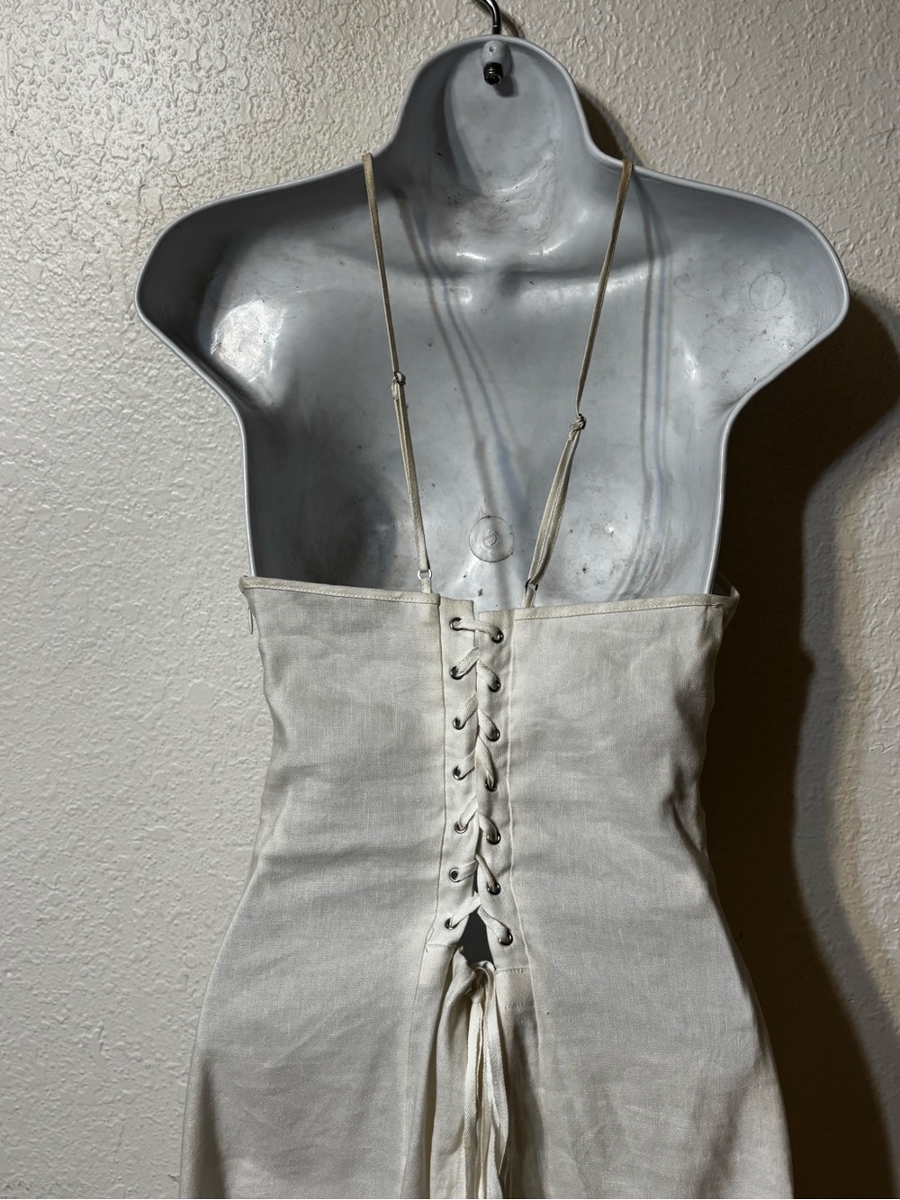 BCBGMAXAZRIA Linen Blend Halter Lace Up Midi Dress Ivory Cream Size 8 - Picture 6 of 7